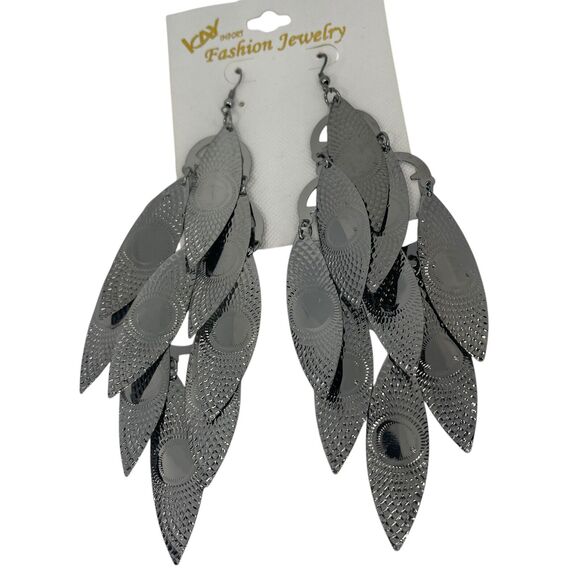 Black Tone Statement Earrings Leaf Drop Floral Dangle Style Intricate Fashion - Picture 2 of 9